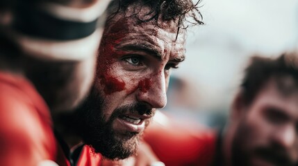 Dynamic image capturing rugby players engaged in the game, highlighting their intense focus, physical effort, and teamwork amidst a blurred background to emphasize motion.