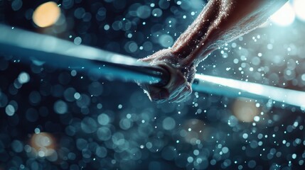 An athlete's hand firmly grips a bar, with water droplets cascading around, symbolizing strength, determination, and focus in a visually dynamic setting.