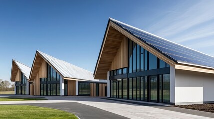 Fototapeta premium Modern architectural design featuring eco-friendly houses with solar panels under a clear blue sky in a serene neighborhood