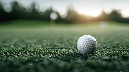 A serene image showcasing a single golf ball calmly resting on a golf course amidst early morning sunlight, highlighting the texture of the ball and the grass.