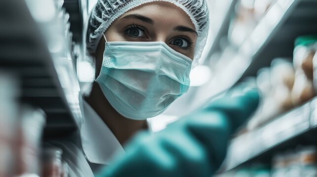 An individual donning protective gear and a mask in a medical setting, focusing on safety, hygiene, and the precautions being taken in a healthcare environment.