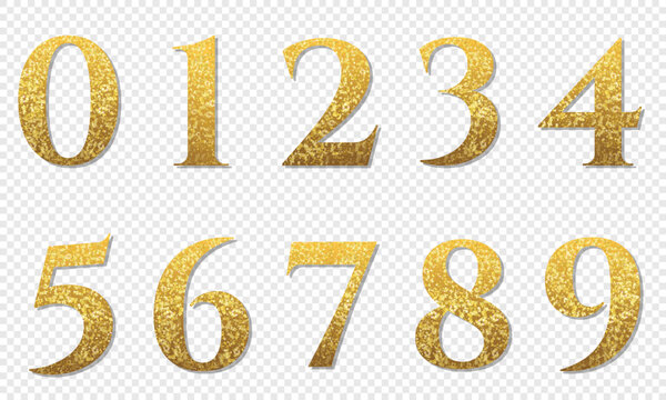 Set of golden numbers with shimmering glitter. Numbers from 0 to 9 isolated on white background. Golden dust