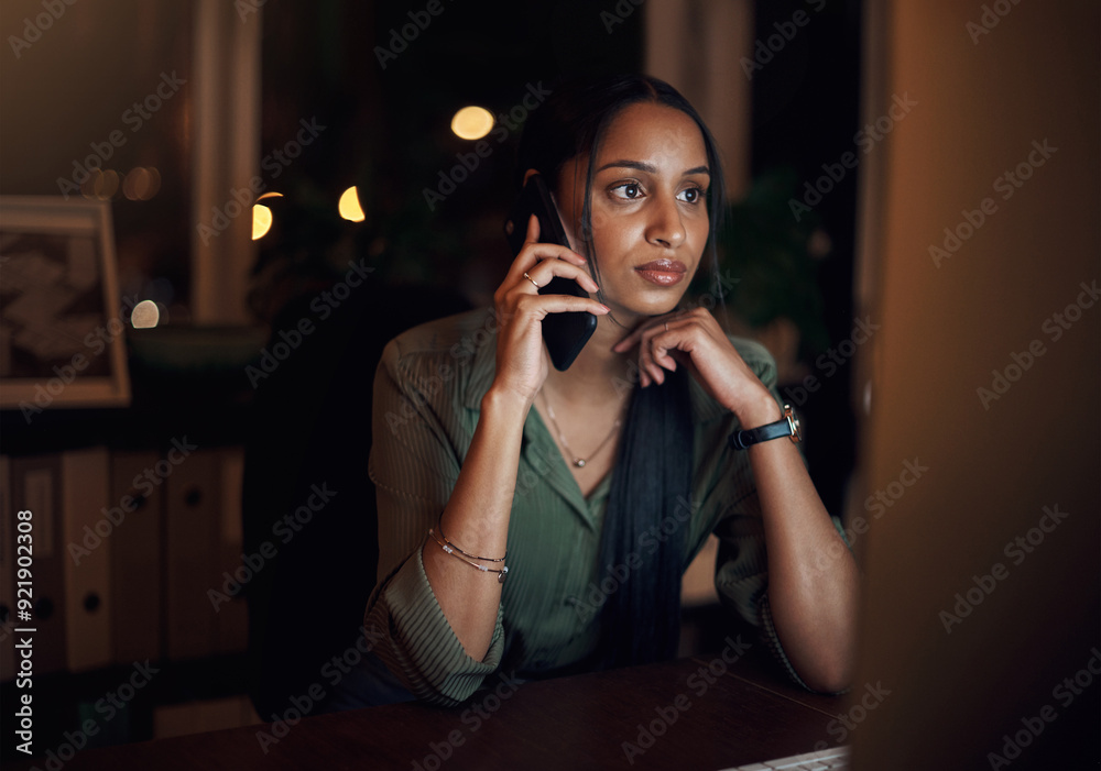 Aufkleber Phone call, woman and computer at night with review and networking for feedback at desk. Consultant, connection and technology in office for career, conversation and desktop for business or research