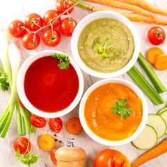 assorted of differents bowl of soup and ingredient