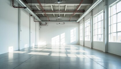 Obraz premium Inside a vast, empty factory, soft white tones and industrial pipes create an airy ambiance, with light reflecting off the shiny floor.