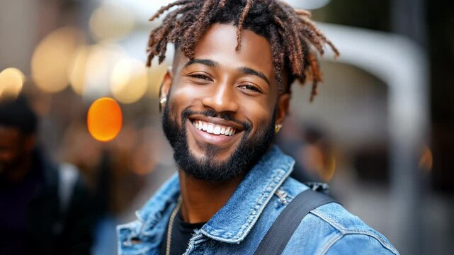 A man with a beard and a blue jacket is smiling. He is wearing a backpack. The image has a happy and relaxed mood