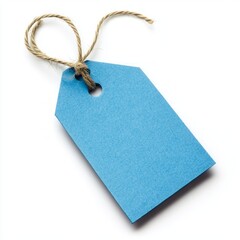 Close up of blue craft paper tag with twine on an isolated white background 