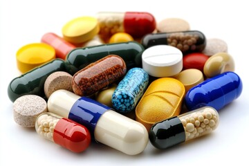 Multicolored capsules and tablets laid out symbolizing the diversity in medical treatments available