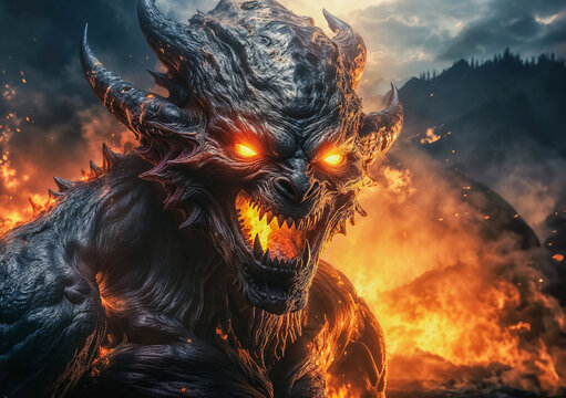 Cr&eacute;ature mythique ressemblant &agrave; un Balrog dans un d&eacute;cor de d&eacute;solation d&eacute;truit par le feu, impressionnant, sublime, effrayant  