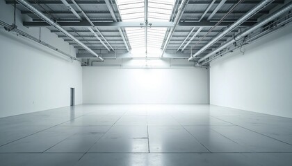 Fototapeta premium Inside a vast, empty factory, soft white tones and industrial pipes create an airy ambiance, with light reflecting off the shiny floor.