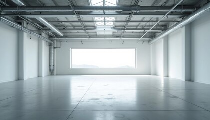 Inside a vast, empty factory, soft white tones and industrial pipes create an airy ambiance, with light reflecting off the shiny floor.