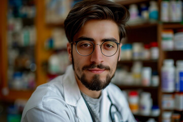 Obraz premium Pharmacist with a white lab coat standing confidently in front of medicine shelves generative AI