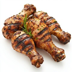 Close up of BBQ Grilled chicken drumsticks on an isolated white background