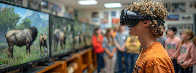 Fototapeta premium Children in biology lesson in VR headset to take virtual tour of various ecosystems. artificial intelligence,learning in virtual reality. banner 
