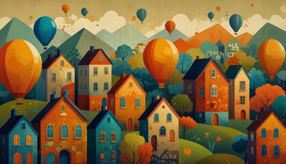 Colorful Hot Air Balloons Over Villages
