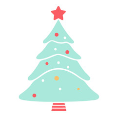 A simple, stylized Christmas tree with a red star on top, decorated with colorful dots or ornaments in shades of blue, orange, and red against a white background