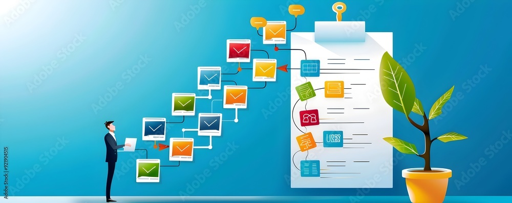 Wall mural businessman using a laptop with a flowchart for user experience.
