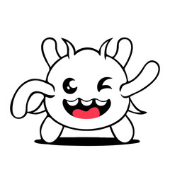 A cute, smiling white monster character with large eyes and ears