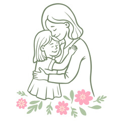A young girl with long brown hair hugging her mother, surrounded by pink flowers