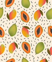 Mango and papaya pattern on light pink background.