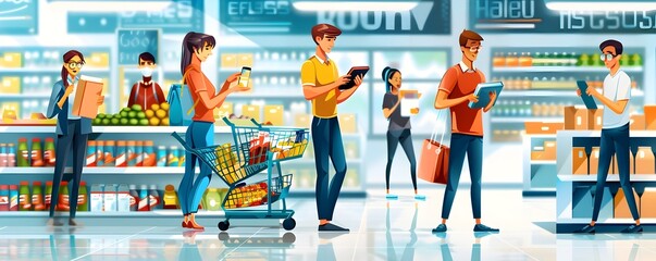 People Shopping in a Modern Grocery Store.