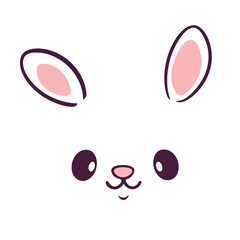 Cute pink bunny face with large eyes and small nose and mouth, on a white background