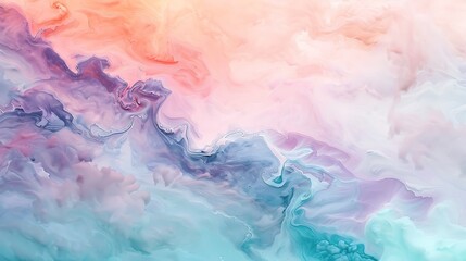 Fototapeta premium Abstract pastel brush strokes, delicate shades of mint, lavender, and peach, fluid and dynamic, high-definition quality, whimsical and calming atmosphere. --ar 16:9 --v 6.0 --s 250 --style raw