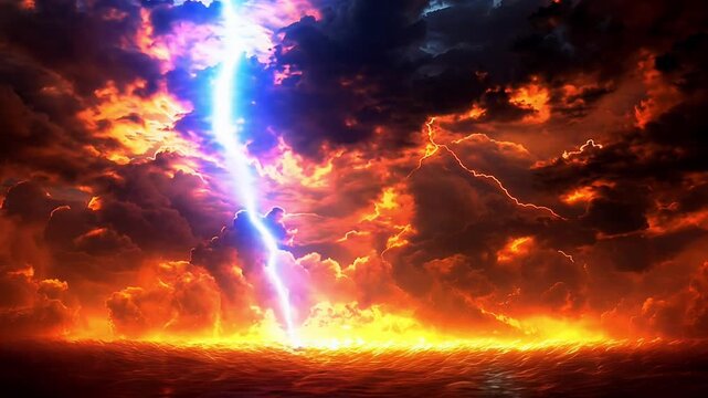 A fiery sky with two lightning bolts and a stormy ocean. Scene is intense and dramatic