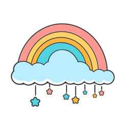 A colorful rainbow with clouds and hanging stars, representing a whimsical and cheerful scene