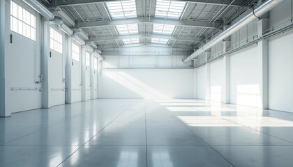 Fototapeta premium Inside a vast, empty factory, soft white tones and industrial pipes create an airy ambiance, with light reflecting off the shiny floor.