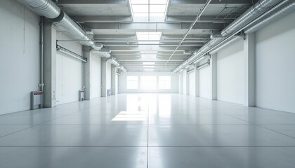 Fototapeta premium Inside a vast, empty factory, soft white tones and industrial pipes create an airy ambiance, with light reflecting off the shiny floor.