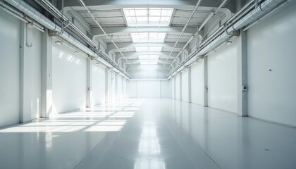 Fototapeta premium Inside a vast, empty factory, soft white tones and industrial pipes create an airy ambiance, with light reflecting off the shiny floor.