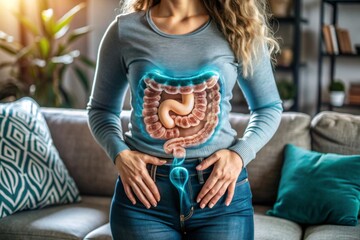 Woman suffering from abdominal pain with small and large intestines organ shape. Digestive tract problems include colitis, IBS or colon cancer.