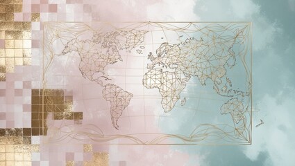 A geometric world map on a pastel background with artistic textures and patterns