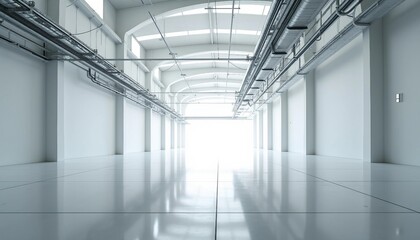 Obraz premium Inside a vast, empty factory, soft white tones and industrial pipes create an airy ambiance, with light reflecting off the shiny floor.