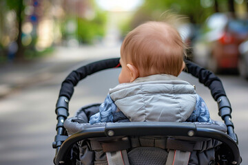 Everyday care promenading with small baby in carriage stroller, city park autumn fall summer time, Generative AI