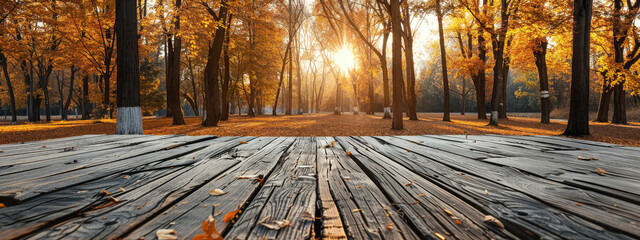 The empty wooden table top or floor made of old oak planks with blur background of autumn park. Exuberant image.