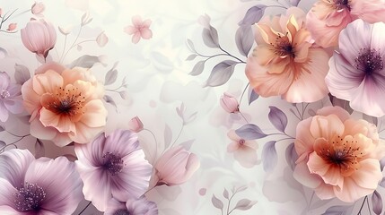 Obraz premium Delicate pastel floral design, soft pink, lavender, mint, and peach hues, intricate flowers and leaves, seamless repetition, hd quality, airy and elegant. --ar 16:9 --v 6.0 --s 250 --style raw