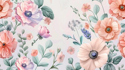 Delicate pastel floral pattern, soft pink, lavender, mint, and peach flowers, intricate and elegant design, hd quality, seamless repetition, light and airy feel. --ar 16:9 --v 6.0 --s 250 --style raw