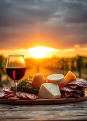 Cheese, prosciutto, and wine on a wooden board with vineyard views in the background.






