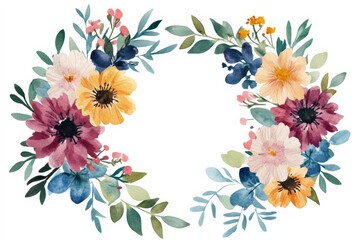 Obraz premium A beautiful watercolor floral wreath with vibrant flowers and lush green leaves, perfect for invitations and decorations.