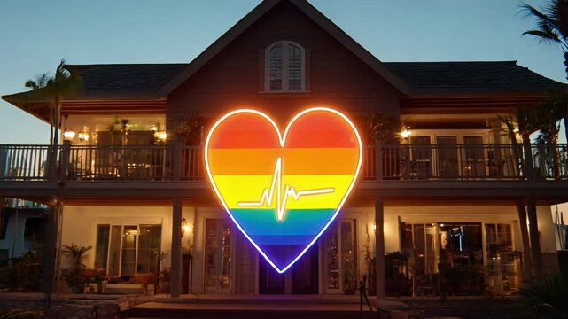 A house with a heart on it that says "Love" and is lit up. The house is a home for a gay couple