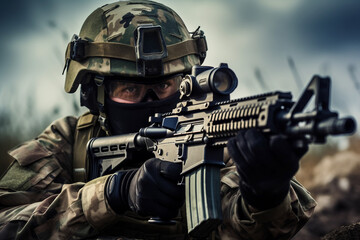 Portrait of a male equipped soldier in military uniform with weapon