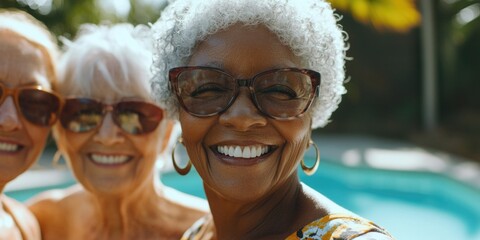 Two older women by the swimming pool