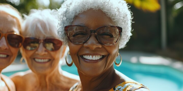 Two older women by the swimming pool