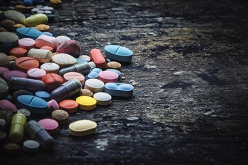 Antique wooden surface with spilled colorful pills evoking a rustic approach to modern medicine