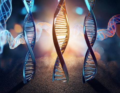Abstract DNA 3D Rendered Illustration. Hologram of rotating DNA double helix glowing blue. Science and medicine concepts.