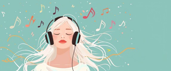 White haired girl with headphones, flat style, illustration style, Memphis, lots of musical elements in the background,generative ai