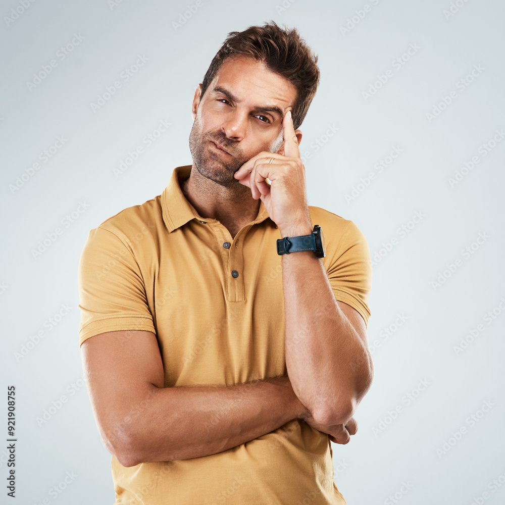 Poster puzzled, thinking or portrait of man in studio for decision, choice or creative ideas on white backg
