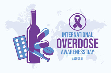 International Overdose Awareness Day poster vector illustration. Purple awareness ribbon, syringe, drugs and alcohol icon set vector. Template for background, banner, card. August 31 each year